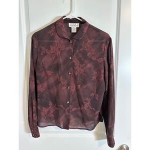 Rena Rowan Burgundy Floral Print Long‎ Sleeve Semi Sheer Blouse Size 8